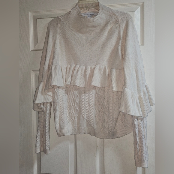 Project Naadam Chic Cream Ruffle Cable Knit Sweater - Picture 2 of 3
